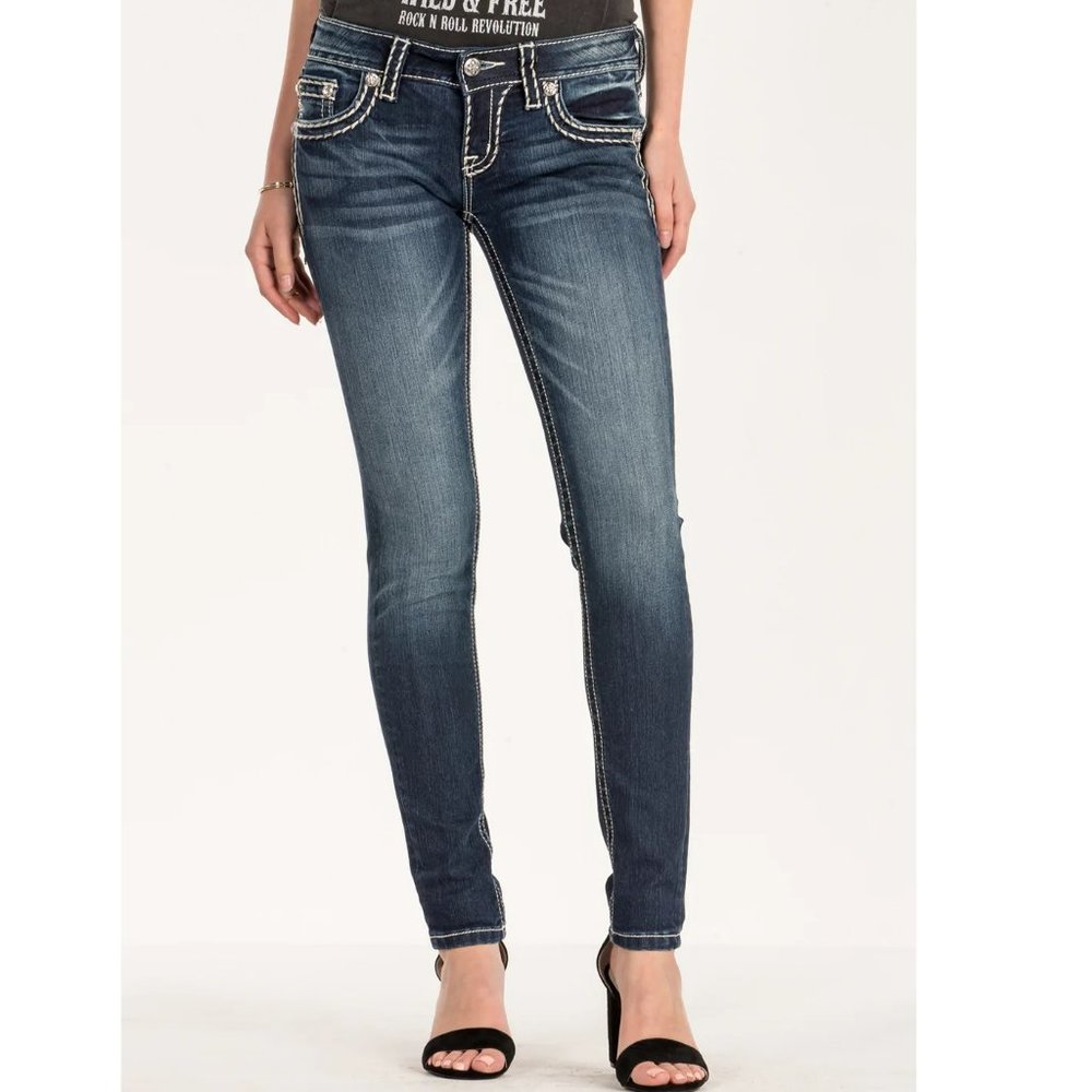 NWOT Miss Me Dark Wash Skinny Stitch Jeans Size 27 Style JS5014S195